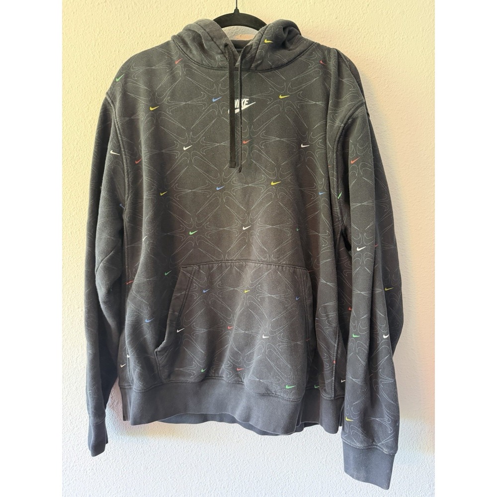 Nike Hoodie Adult Medium Black Multi Color Swoosh All Over Sweatshirt DM7930 010